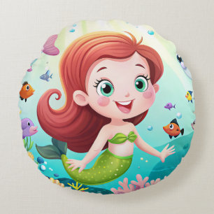 cartoon mermaid girl in the sea with fish round cushion