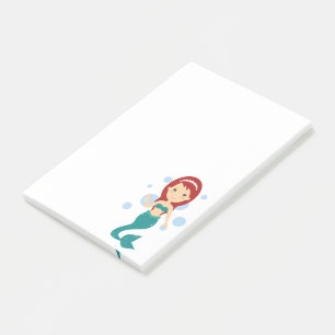 Cartoon mermaid girl underwater swimming & waving post-it notes