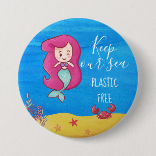 Cartoon mermaid with crab keep sea plastic free 7.5 cm round badge