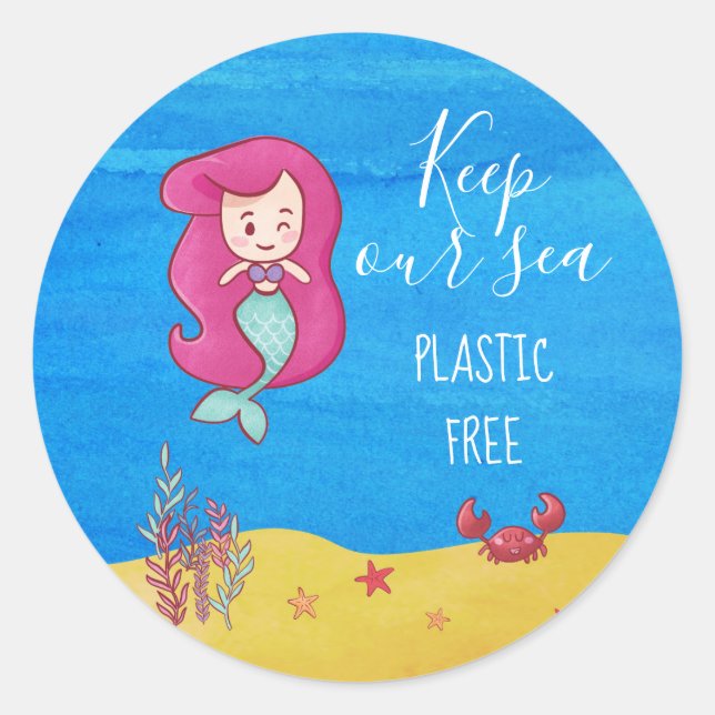 Cartoon mermaid with crab keep sea plastic free classic round sticker (Front)