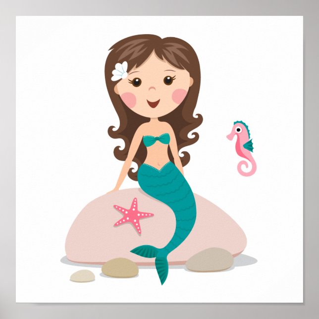 Cartoon mermaid with starfish and seahorse poster (Front)