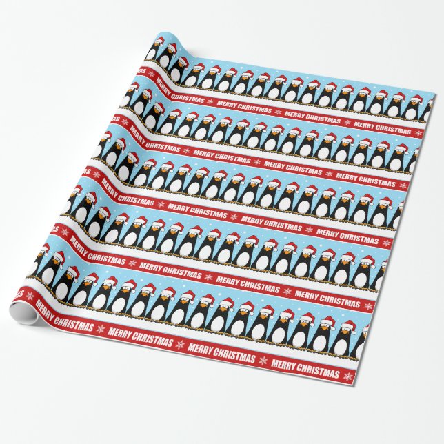 Cartoon Merry Christmas Penguins in Snow Pattern Wrapping Paper (Unrolled)