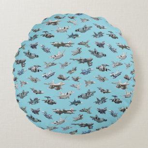 Cartoon military aeroplanes seamless pattern round cushion