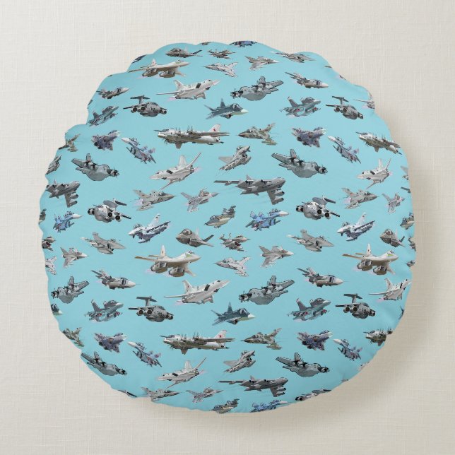 Cartoon military aeroplanes seamless pattern round cushion (Front)
