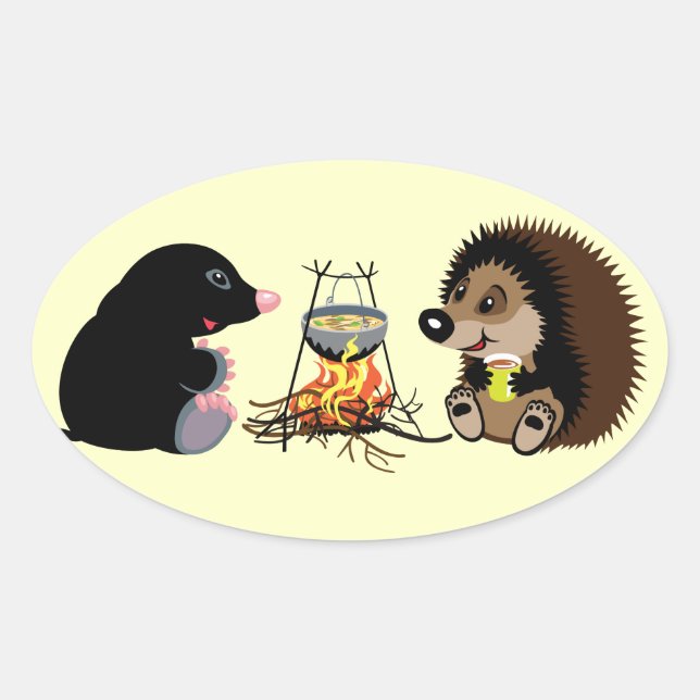 cartoon mole and hedgehog oval sticker (Front)
