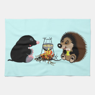 cartoon mole and hedgehog tea towel