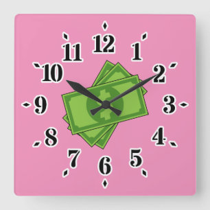 Cartoon Money Dollar Bills Square Wall Clock