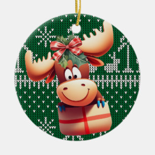 Cartoon Moose on Green Knitted Pattern Ceramic Tree Decoration
