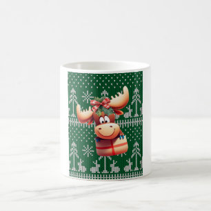 Cartoon Moose on Green Knitted Pattern Coffee Mug