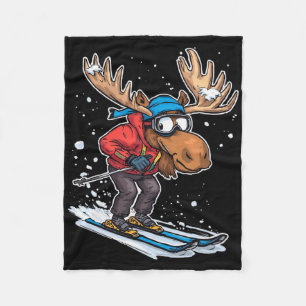 Cartoon Moose Skiing In Winter Outfit Illustration Fleece Blanket
