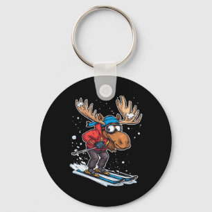Cartoon Moose Skiing In Winter Outfit Illustration Key Ring