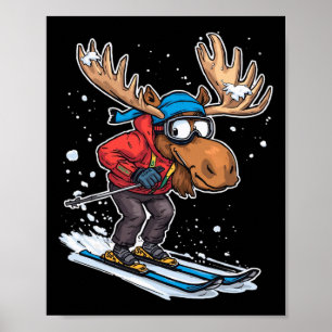 Cartoon Moose Skiing In Winter Outfit Illustration Poster