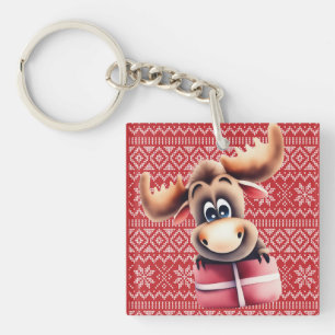 Cartoon Moose with Christmas Gift Key Ring