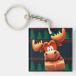 Cartoon Moose with Christmas Gift Tshirt Women Key Ring