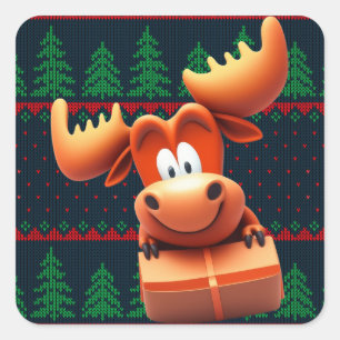 Cartoon Moose with Christmas Gift Tshirt Women Square Sticker