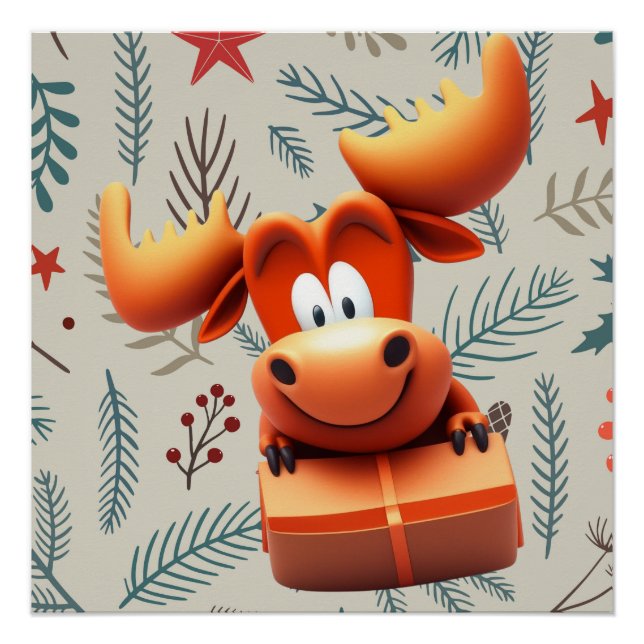 Cartoon Moose with Gift on Christmas  Pattern Poster (Front)