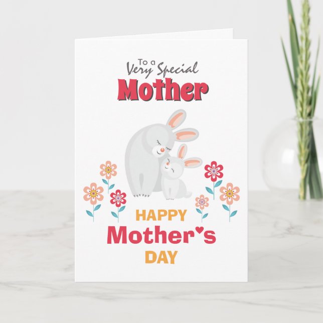 Cartoon mother child rabbit flowers mothers day card (Front)