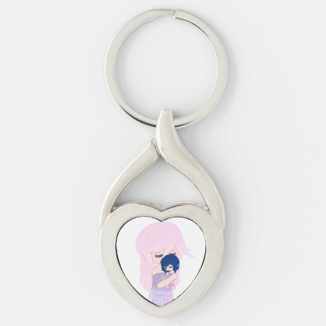 Cartoon Mother With Her Baby Girl Heart Keychain (Front)