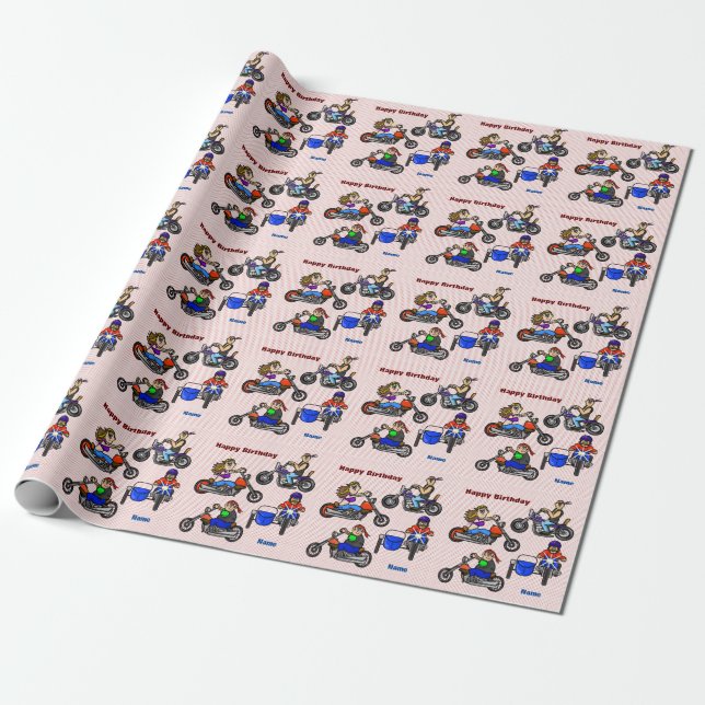 Cartoon Motorcycle Bikers Gift Wrap -  Personalise (Unrolled)