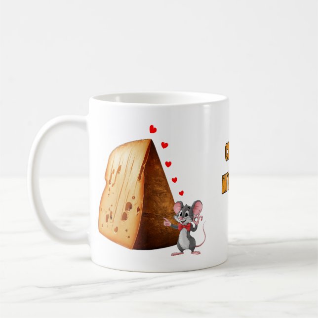 Cartoon Mouse falling in Love with a Cheese on a Coffee Mug (Left)