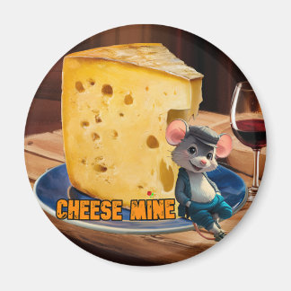 Cartoon Mouse in Love with a slice of Cheese on a  Magnet