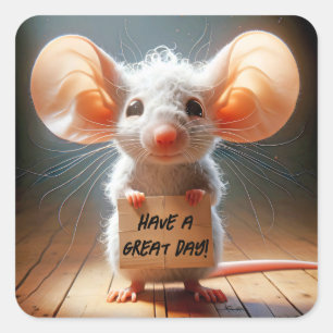 Cartoon Mouse With Cardboard Sign Square Sticker