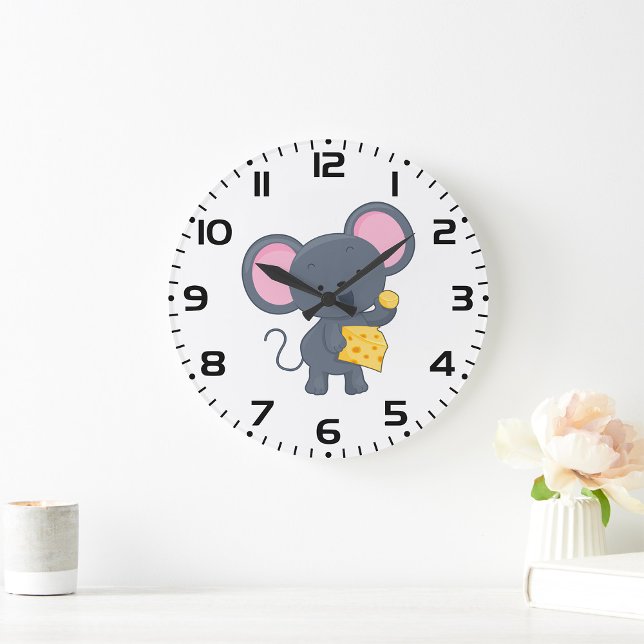 Cartoon Mouse with Cheese Adorable Animal Large Clock (Creator Uploaded)