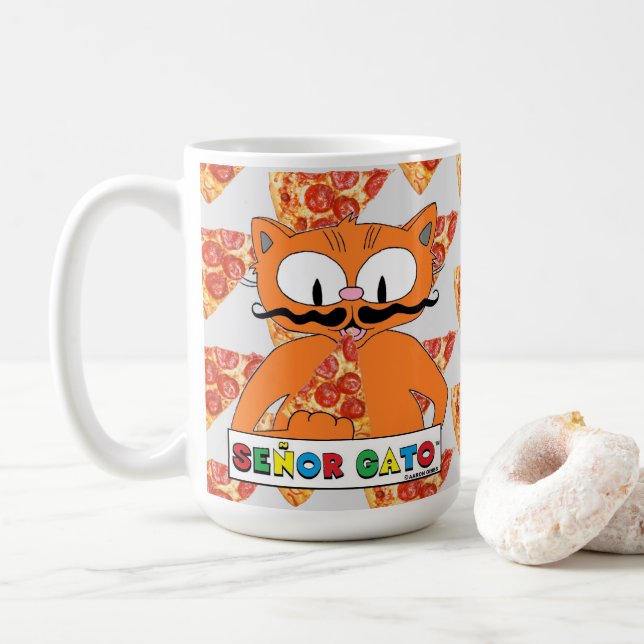 Cartoon Moustache Cat Señor Gato Pizza Lovers Larg Coffee Mug (With Donut)