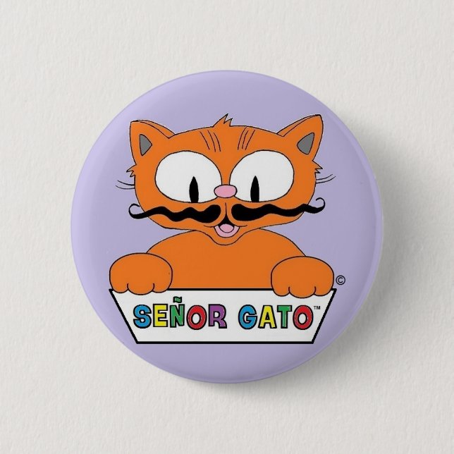 Cartoon Moustache Cat Senor Gato Round Button (Front)