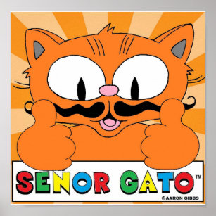 Cartoon Moustache Cat Senor Gato Two Thumbs Up Poster