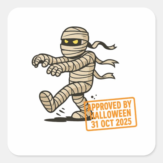 Cartoon Mummy – Approved by Halloween Square Sticker (Front)