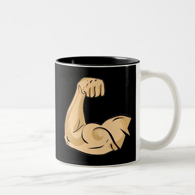 CARTOON MUSCLES MAN strong arm biceps athletic pow Two-Tone Coffee Mug (Right)