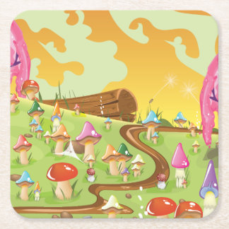 Cartoon Mushrooms in a meadow Square Paper Coaster