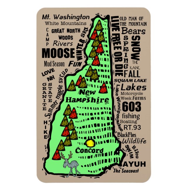 Cartoon New Hampshire State Word Map Magnet (Vertical)