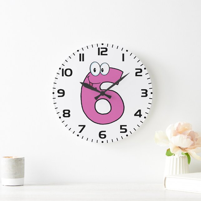 Cartoon Number 6 Fun Purple Smiling Six  Large Clock (Creator Uploaded)