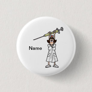 Cartoon Nurse Holding Syringe Over Her Head Button