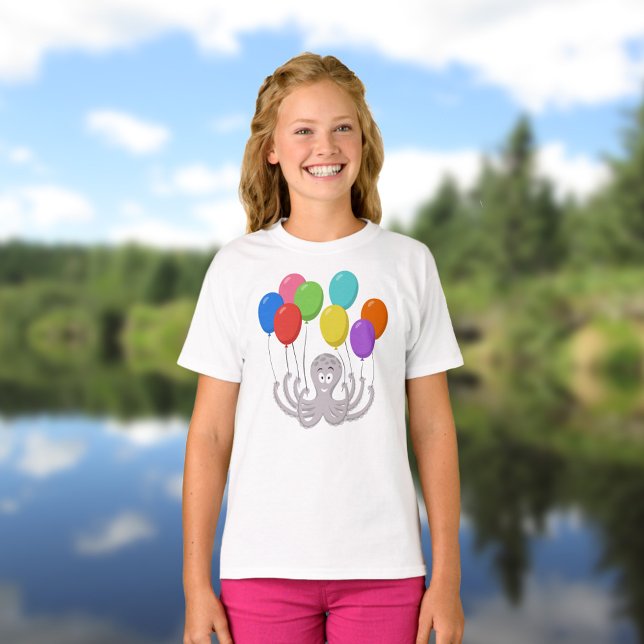 Cartoon Octopus Colorful Balloons Girl  T-Shirt (Creator Uploaded)