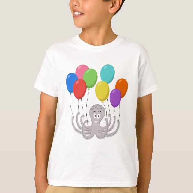 Cartoon Octopus Colorful Balloons Kids T-Shirt (Front)