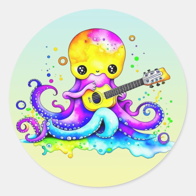 Cartoon Octopus Playing the Guitar Classic Round Sticker (Front)