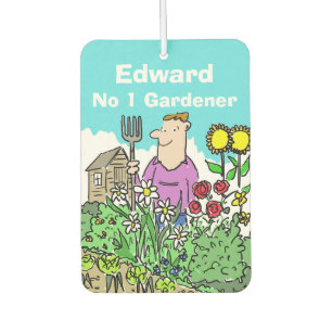 Cartoon of a Gardener in a Beautiful Garden Car Air Freshener