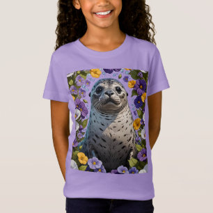 Cartoon Of A Harbour Seal Surrounded By Viola T-Shirt