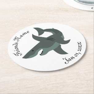 Cartoon of a Scary Great Shark Round Paper Coaster