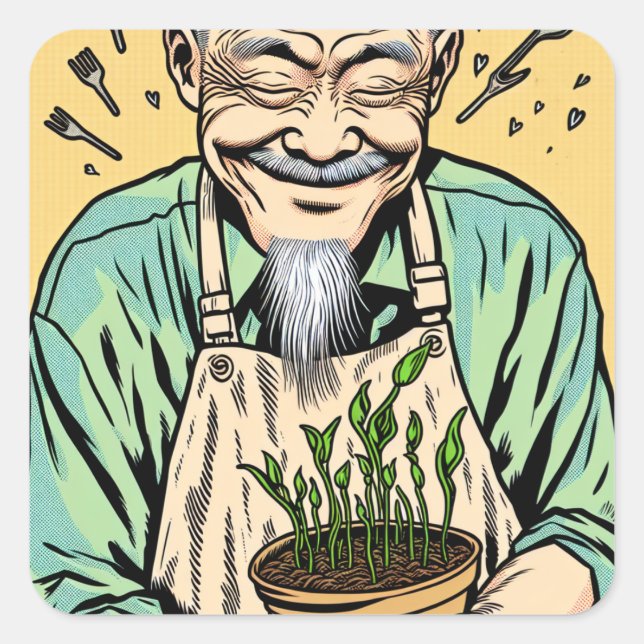 Cartoon of Asian Man holding a Plant Square Sticker (Front)