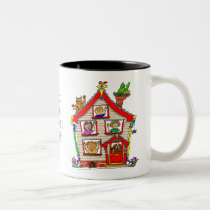 Cartoon of people and house Two-Tone coffee mug