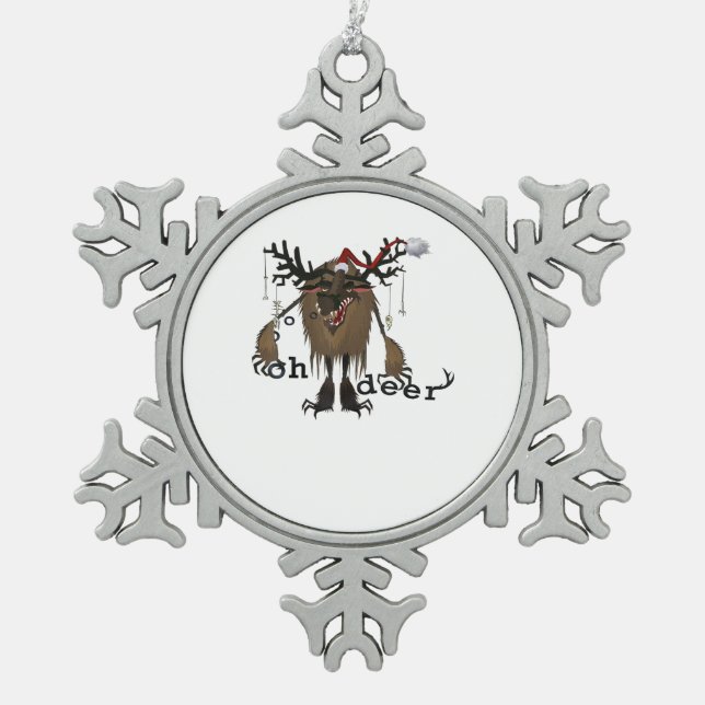 Cartoon Oh Deer Funny Reindeer Holiday Gamer Gift  Snowflake Pewter Christmas Ornament (Front)