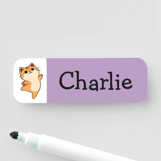 Cartoon Orange Cat, Custom, Purple Name Tag (In Situ)