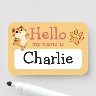 Cartoon Orange Cat, Paw Print, Custom, Yellow Name Tag