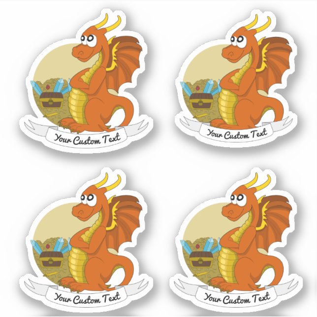 Cartoon orange dragon with treasure and text (Front)