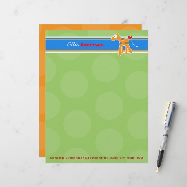 Cartoon Orange Giraffe Green Dots Kid Children Fun Personalised Letterhead (Front/Back In Situ)