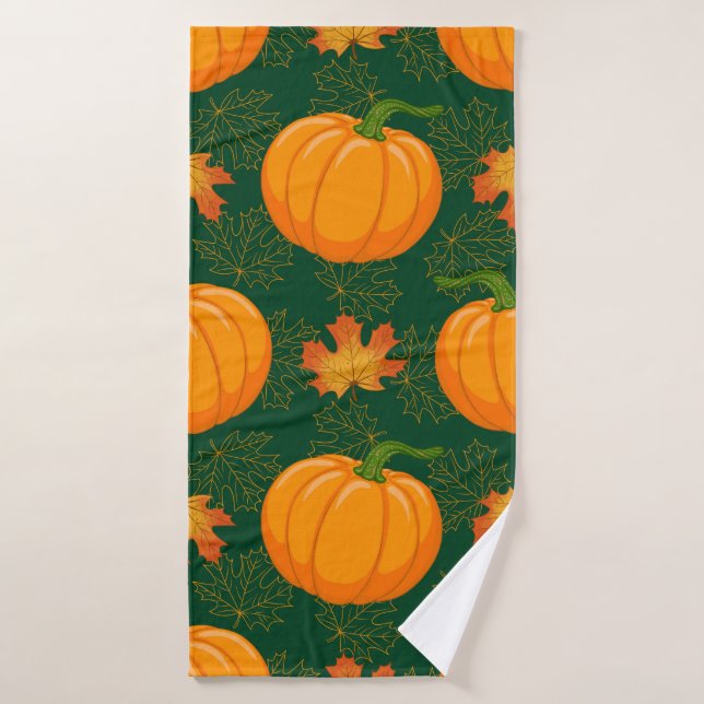 Cartoon orange Pumpkin and Autumn maple falling le Bath Towel (Bath Towel)